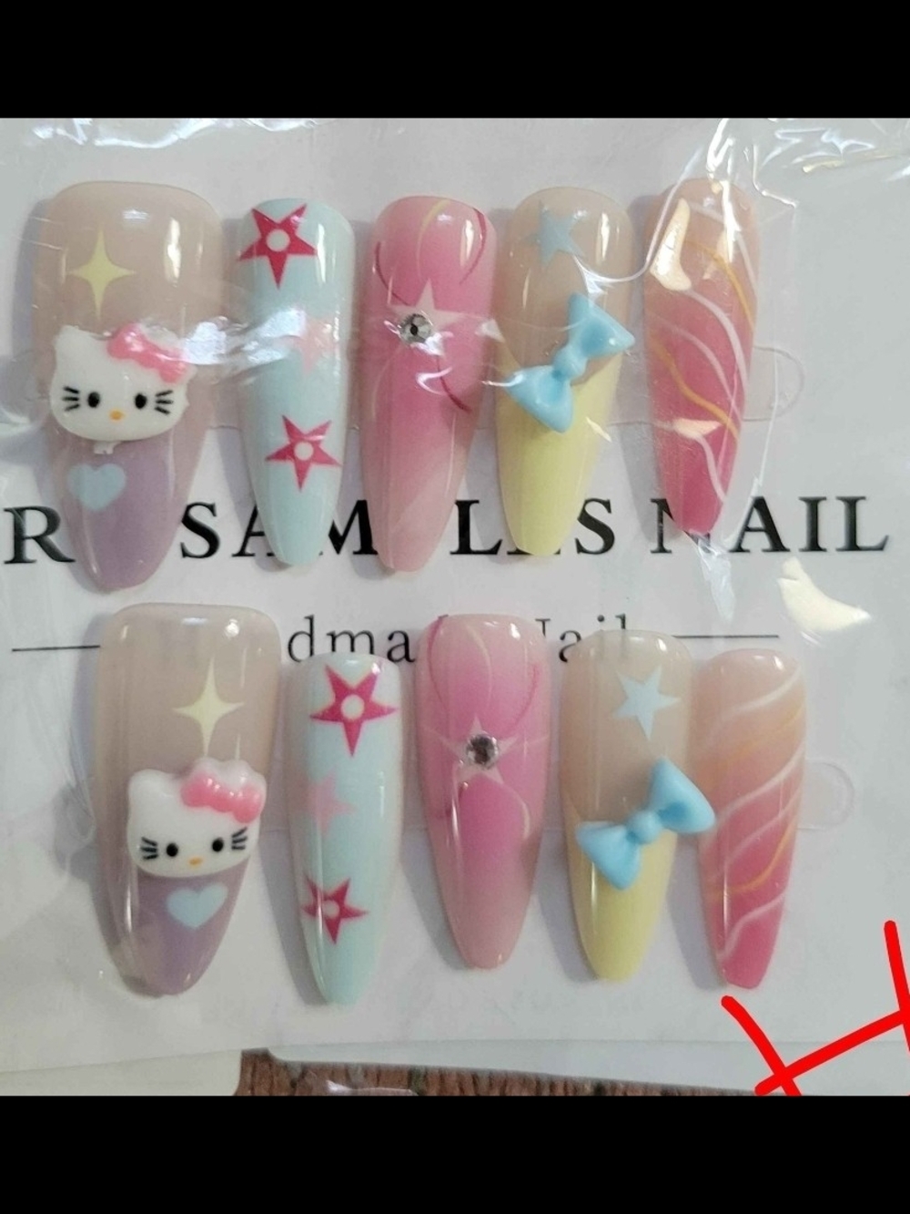 Hello Kitty Pastel Pink Blue & Yellow Press-On Nails with Charms- NEW!
